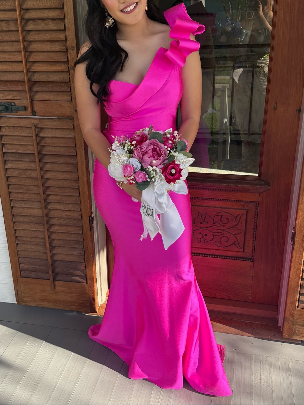Nicole Batki One-Shoulder Fuchsia Ruffle Evening Gown